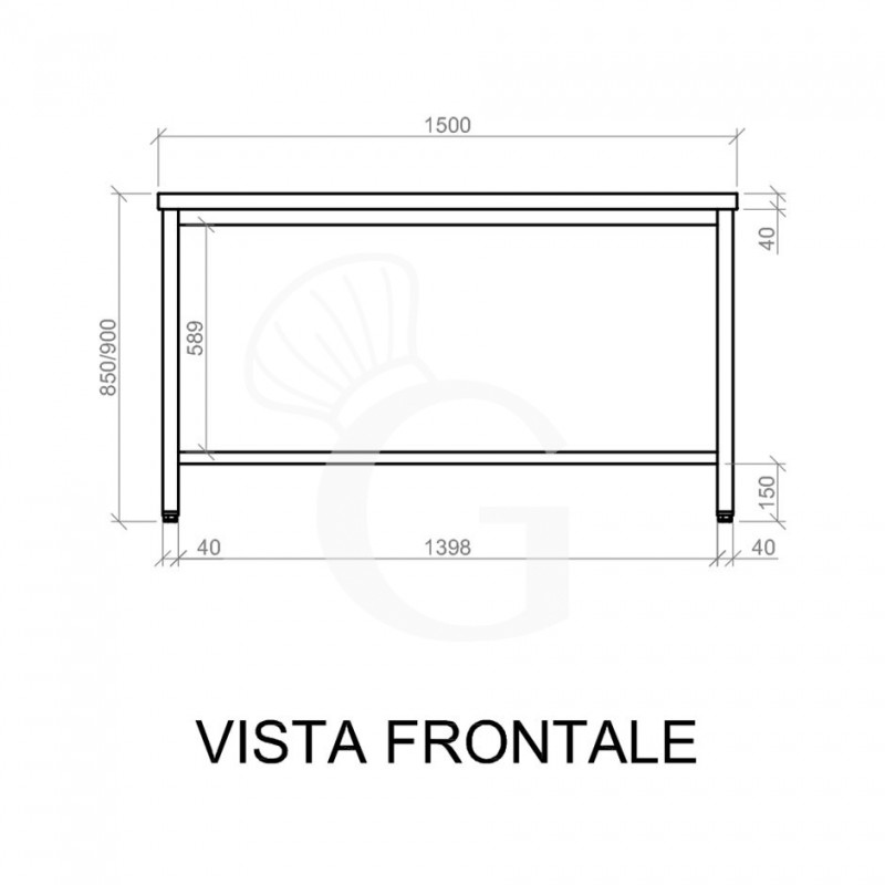 Tavolo semplice in acciaio inox con misure L 1500 mm x P 600 mm x H 850 mm
