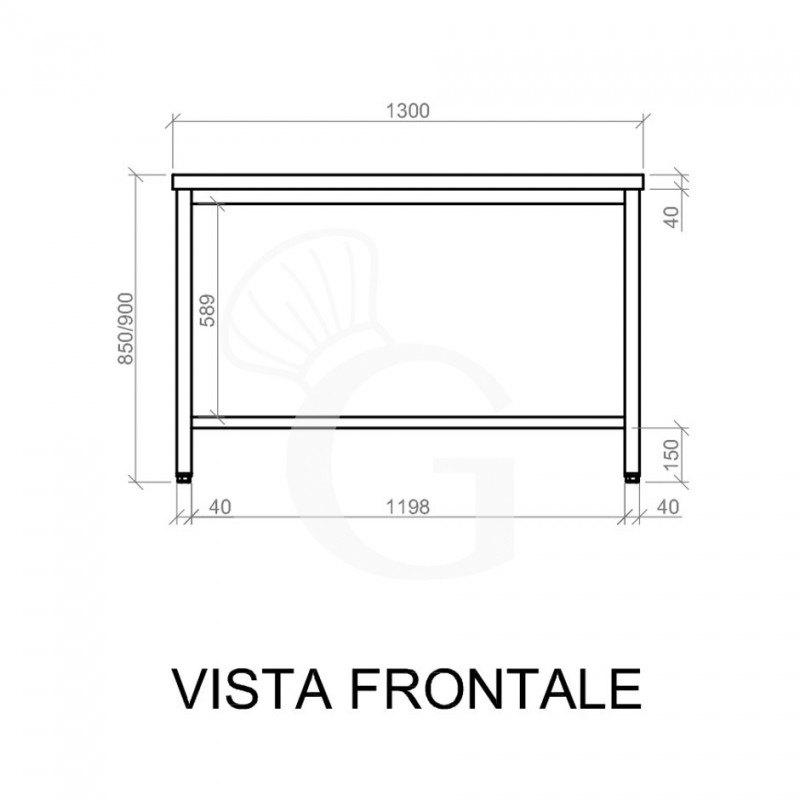 Tavolo semplice in acciaio inox con misure L 1300 mm x P 800 mm x H 850 mm