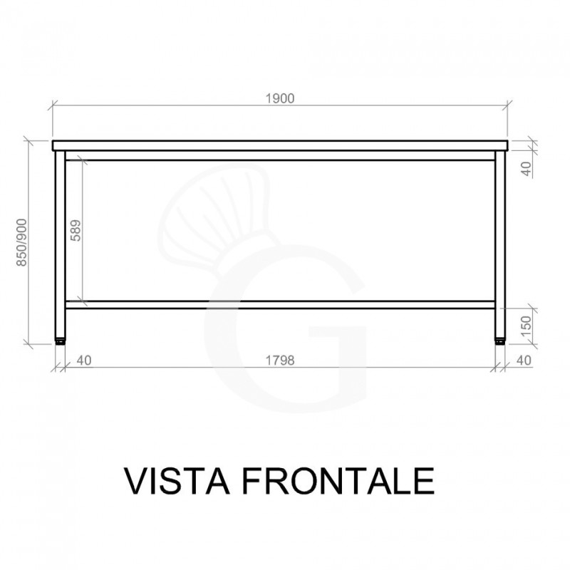 Tavolo semplice in acciaio inox con misure L 1900 mm x P 800 mm x H 850 mm