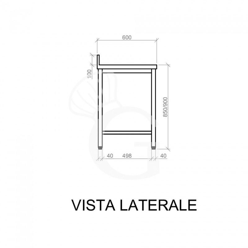 Tavolo semplice in acciaio inox con alzatina e misure L 1900 mm x P 600 mm x H 850 mm