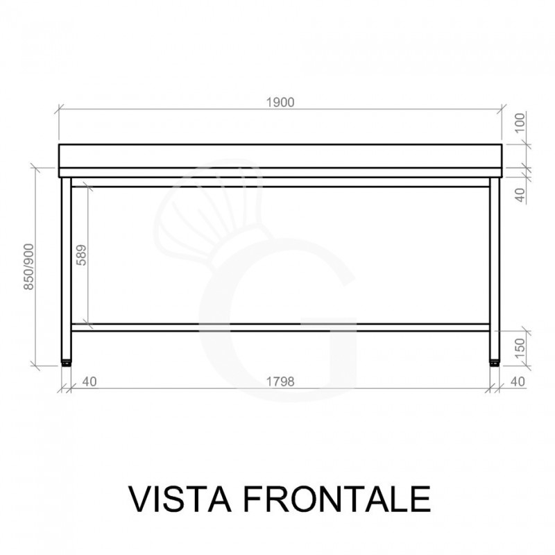 Tavolo semplice in acciaio inox con alzatina e misure L 1900 mm x P 600 mm x H 850 mm