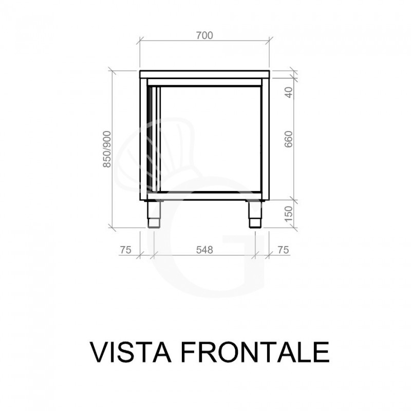 Schranktisch/Arbeitsschrank aus Edelstahl, 1 Flügeltür, B 700 mm x T 800 mm x H 850 mm