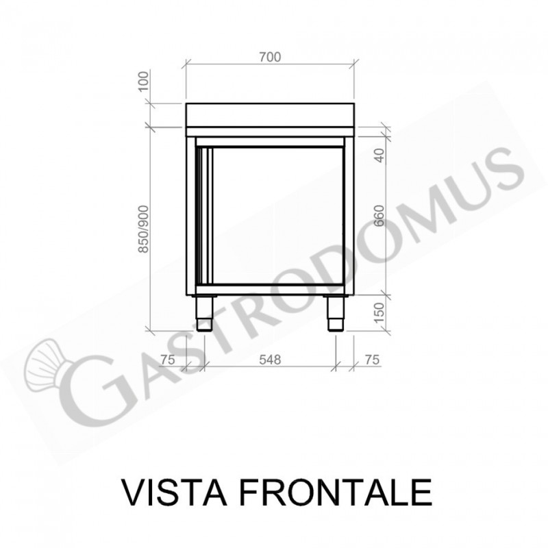 Schranktisch/Arbeitsschrank aus Edelstahl, 1 Flügeltür, Aufkantung, B 700 mm x T 600 mm x H 950 mm
