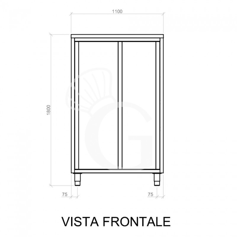 Vorderansicht - Edelstahl Hochschrank, 2 Schiebetüren, 3 Einlegeböden, B 1100 mm x T 500 mm x H 1800 mm