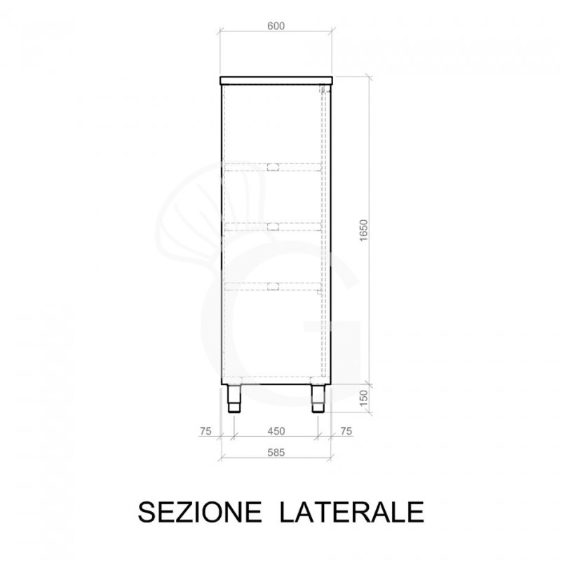 Edelstahl Universalschrank, 2 Schiebetüren, 3 Einlegeböden, B 1000 mm x T 600 mm x H 1800 mm - Seitenansicht