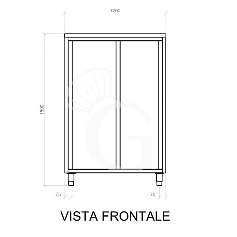 Vorderansicht - Edelstahl Hochschrank, 2 Schiebetüren, 3 Einlegeböden, B 1200 mm x T 500 mm x H 1800 mm