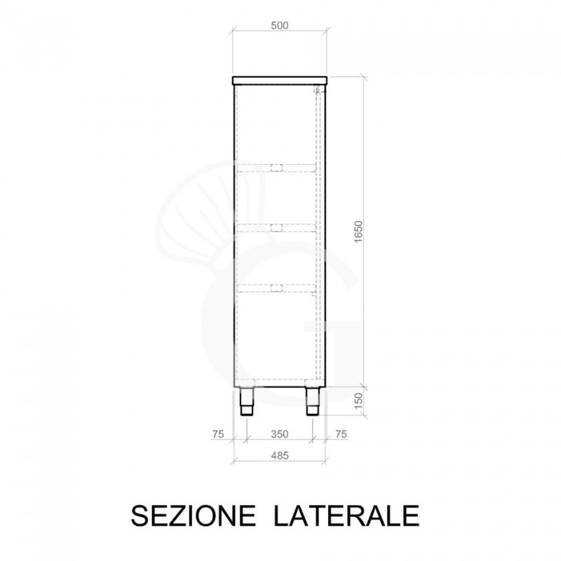 Seitenansicht - Edelstahl Hochschrank, 2 Schiebetüren, 3 Einlegeböden, B 1500 mm x T 500 mm x H 1800 mm