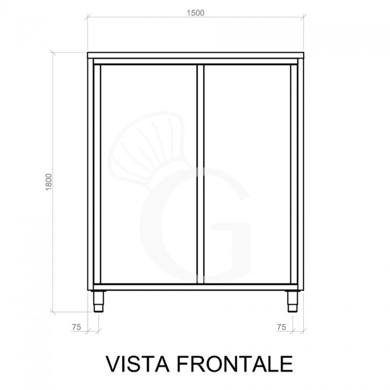 Vorderansicht - Edelstahl Hochschrank, 2 Schiebetüren, 3 Einlegeböden, B 1500 mm x T 500 mm x H 1800 mm