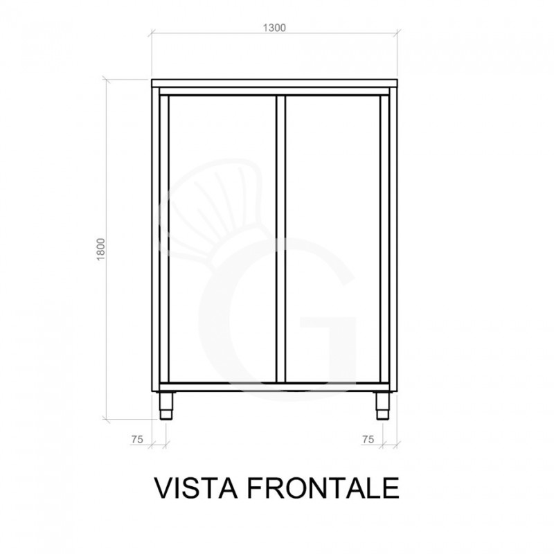 Vorderansicht - Edelstahl Hochschrank, 2 Schiebetüren, 3 Einlegeböden, B 1300 mm x T 600 mm x H 1800 mm