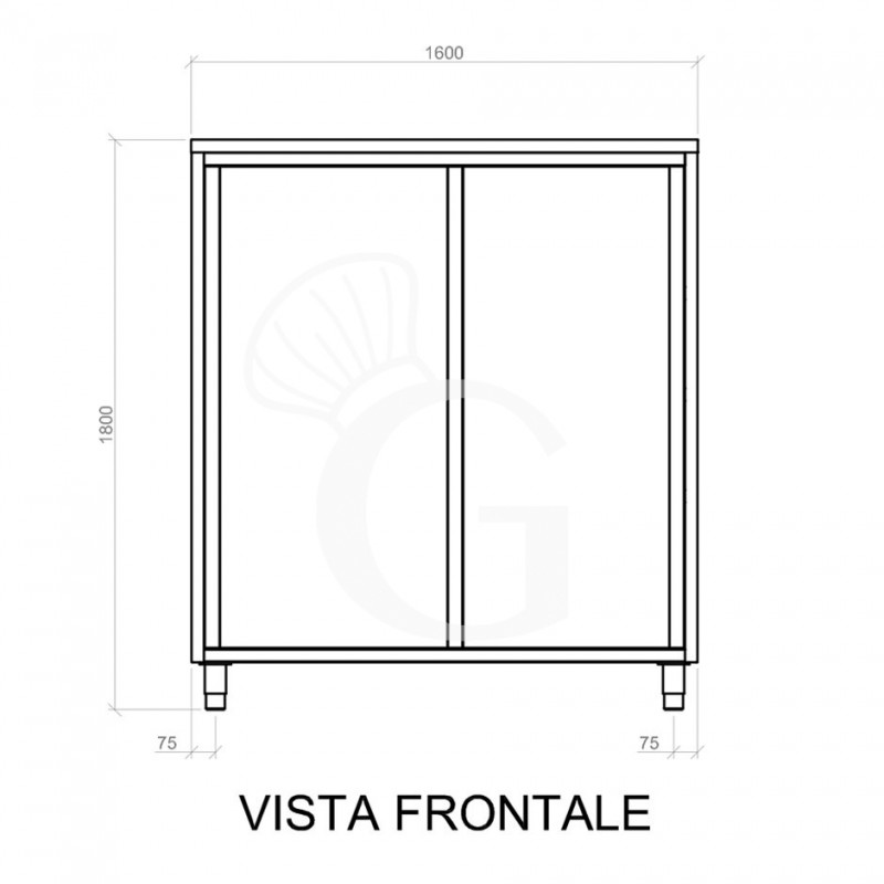 Vorderansicht - Edelstahl Hochschrank, 2 Schiebetüren, 3 Einlegeböden, B 1600 mm x T 500 mm x H 1800 mm
