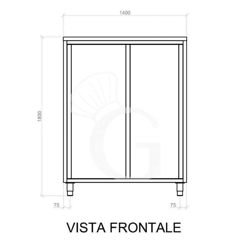 Vorderansicht - Edelstahl Hochschrank, 2 Schiebetüren, 3 Einlegeböden, B 1400 mm x T 600 mm x H 1800 mm