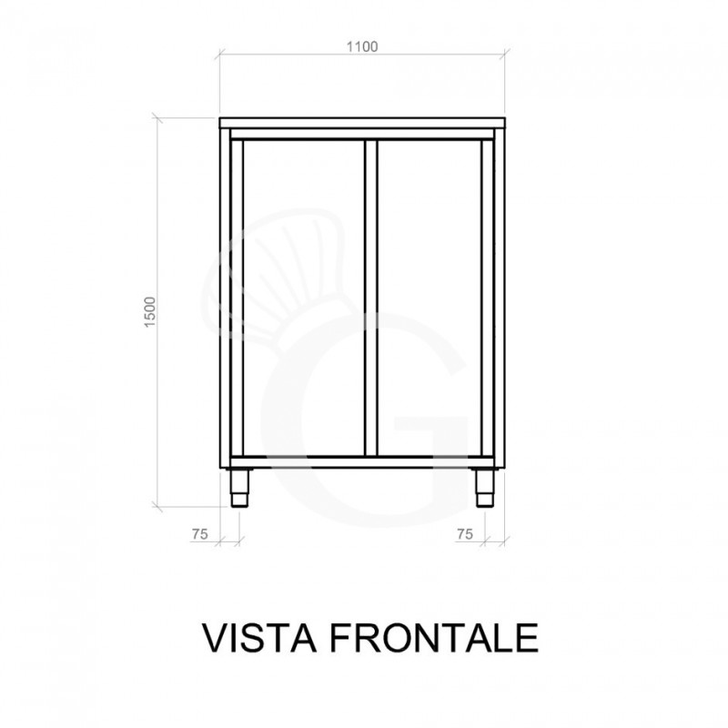 Edelstahl Universalschrank, 2 Schiebetüren, 2 Einlegeböden, B 1100 mm x T 600 mm x H 1500 mm - Vorderansicht