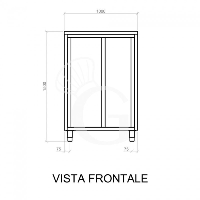 Edelstahl Universalschrank, 2 Schiebetüren, 2 Einlegeböden, B 1000 mm x T 700 mm x H 1500 mm - Vorderansicht