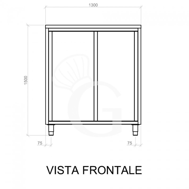 Vorderansicht - Edelstahl Universalschrank, 2 Schiebetüren, 2 Einlegeböden, B 1300 mm x T 500 mm x H 1500 mm