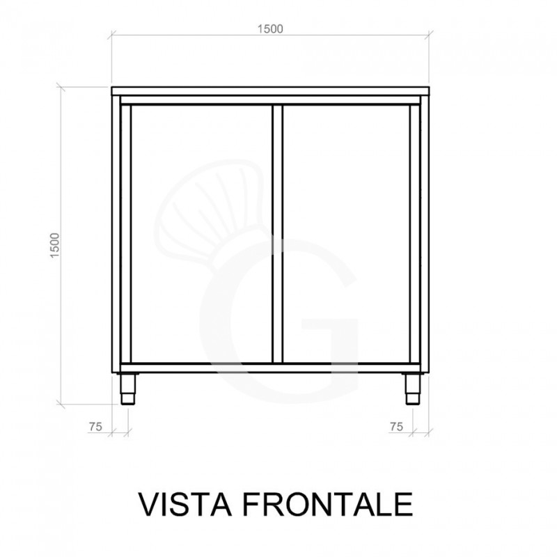 Vorderansicht - Edelstahl Universalschrank, 2 Schiebetüren, 2 Einlegeböden, B 1500 mm x T 700 mm x H 1500 mm