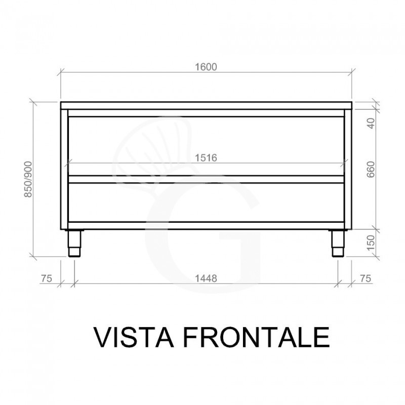 Offener Edelstahltisch 2 Regalböden B 1600 mm x T 700 mm x H 850 mm