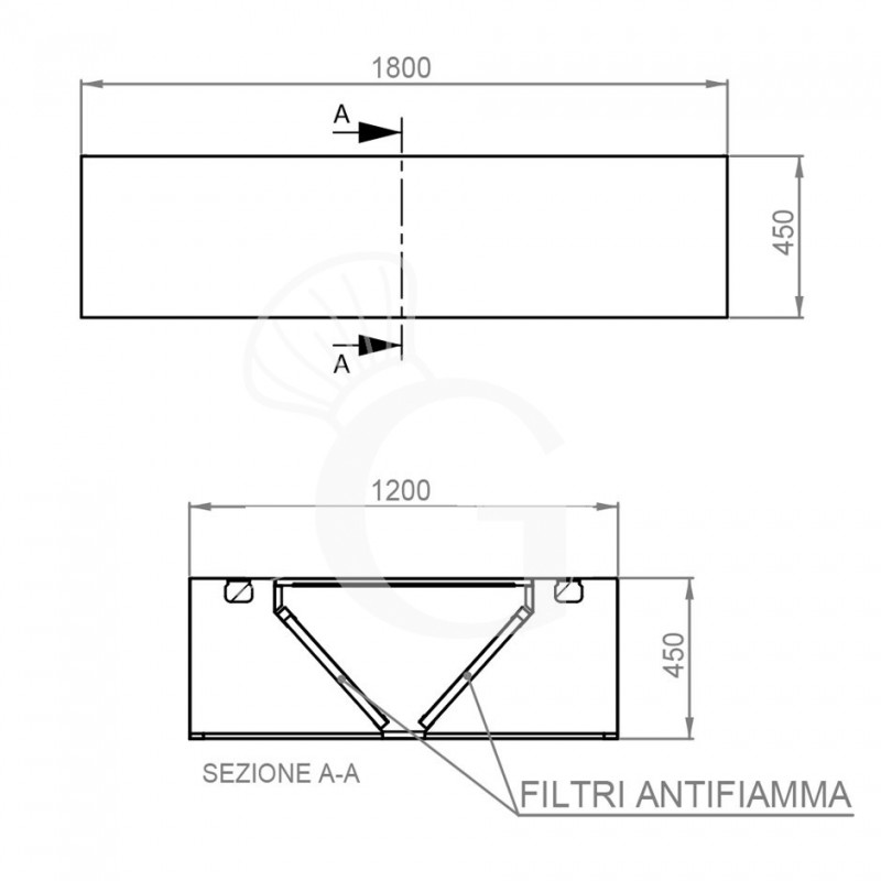 Deckenhaube ohne Motor, B 1800 mm x T 1200 mm x H 450 mm