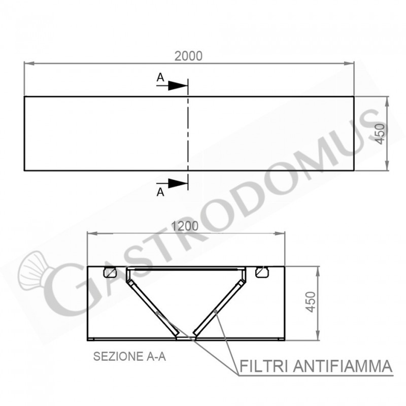 Deckenhaube ohne Motor, B 2000 mm x T 1200 m x H 450 mm
