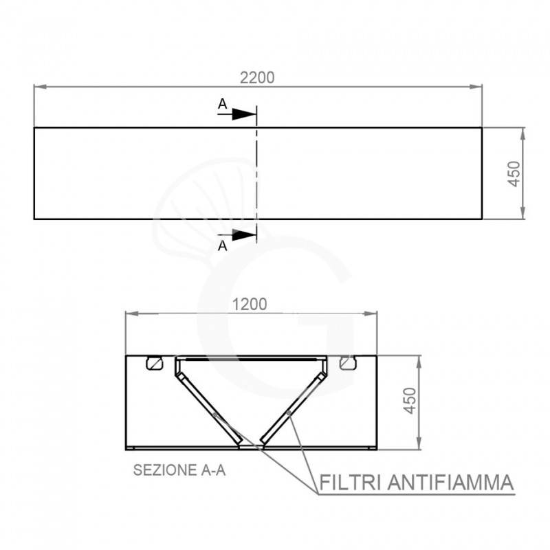 Deckenhaube ohne Motor, B 2200 mm x T 1200 mm x H 450 mm