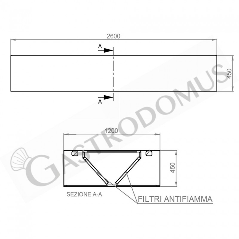 Deckenhaube ohne Motor, B 2600 mm x T 1200 mm x H 450 mm