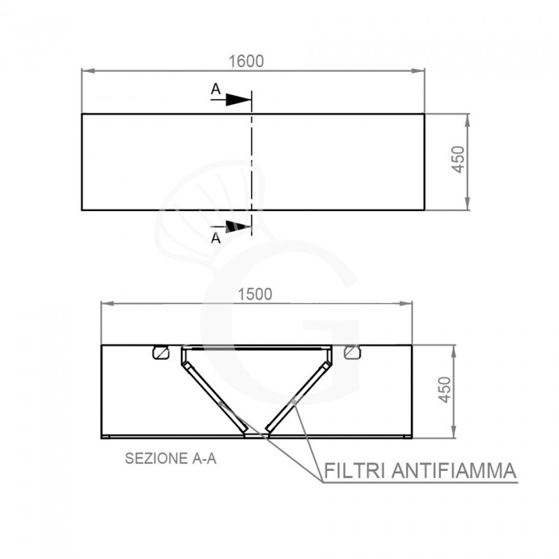 Deckenhaube ohne Motor, B 160 mm x T 1500 mm x H 450 mm