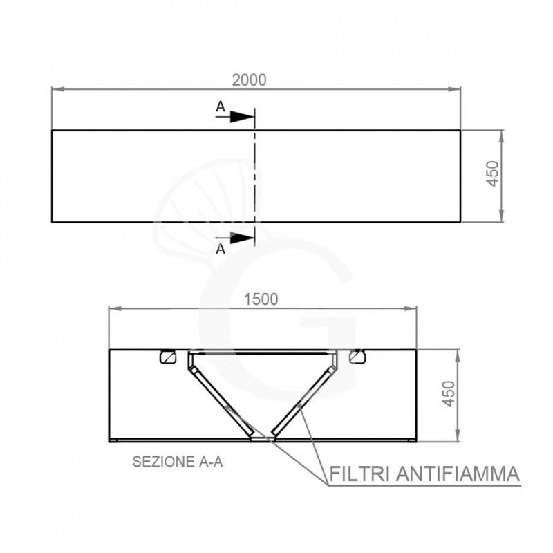 Deckenhaube ohne Motor, B 2000 mm x T 1500 mm x H 450 mm