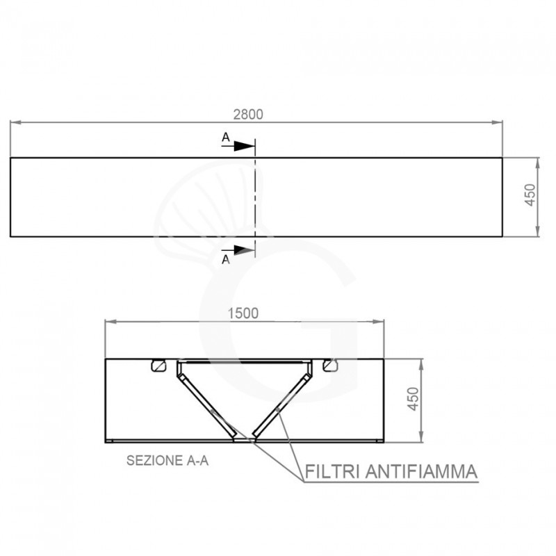 Deckenhaube ohne Motor, B 2800 x T 1500 mm x H 450 mm