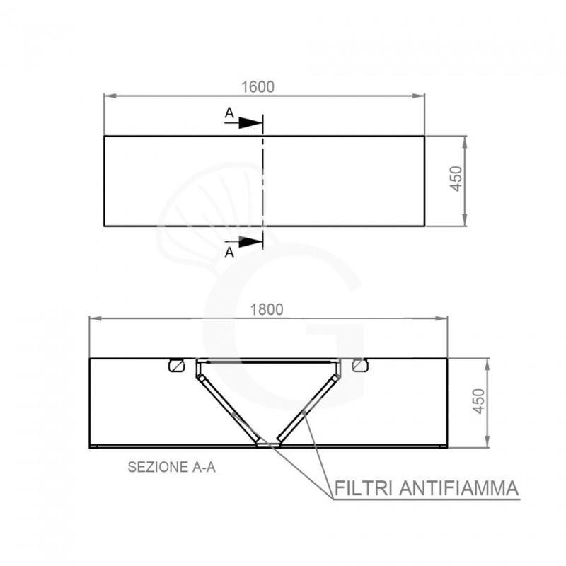 Deckenhaube ohne Motor, B 1600 mm x T 1800 mm x H 450 mm