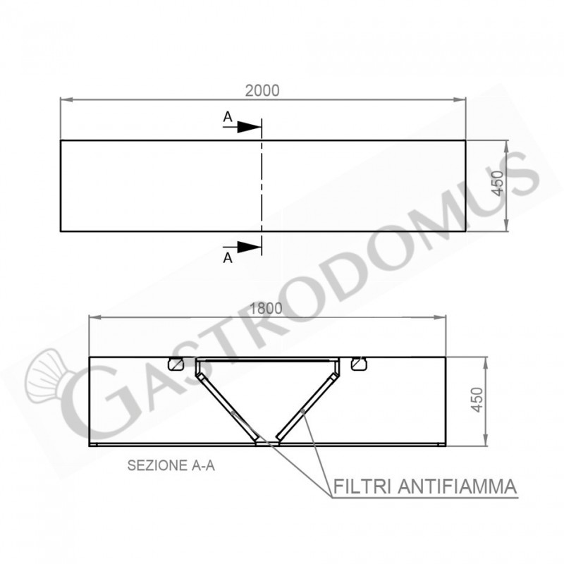 Deckenhaube ohne Motor, B 2000 mm x T 1800 mm x H 450 mm