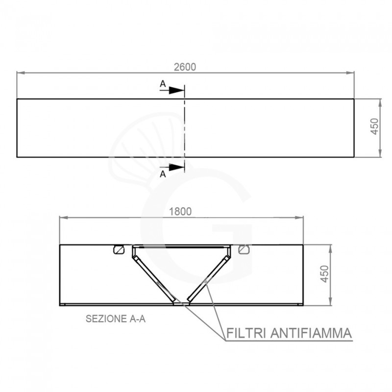 Deckenhaube ohne Motor, B 2600 mm x T 1800 mm x H 450 mm