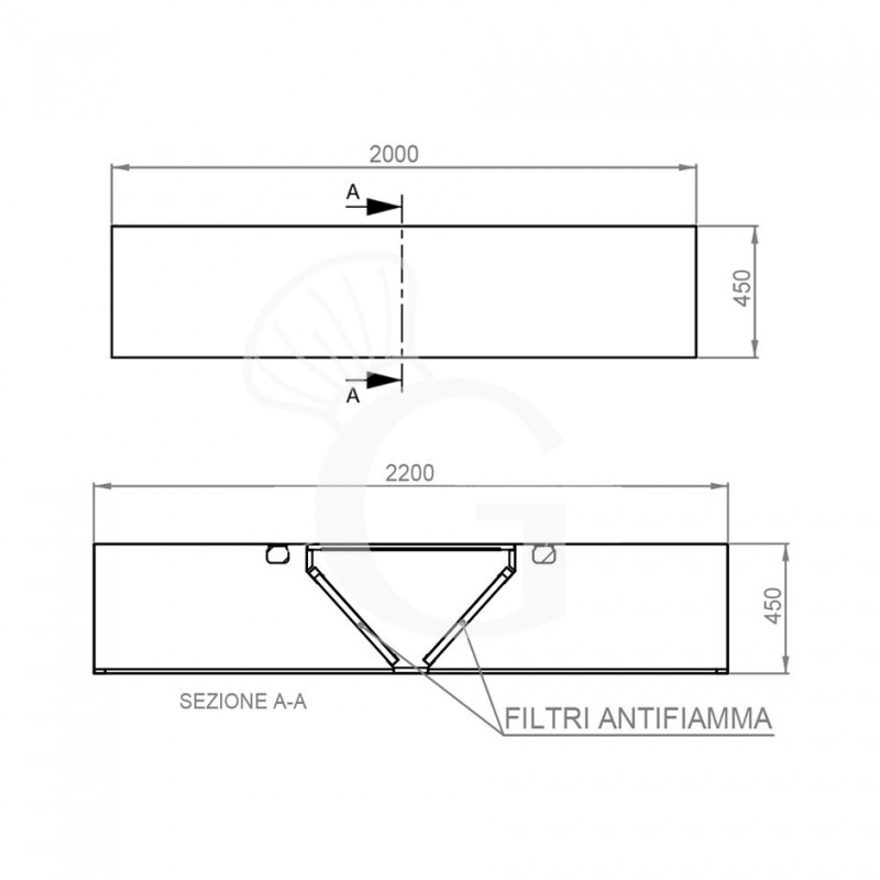 Deckenhaube ohne Motor, B 2000 mm x T 2200 mm x H 450 mm