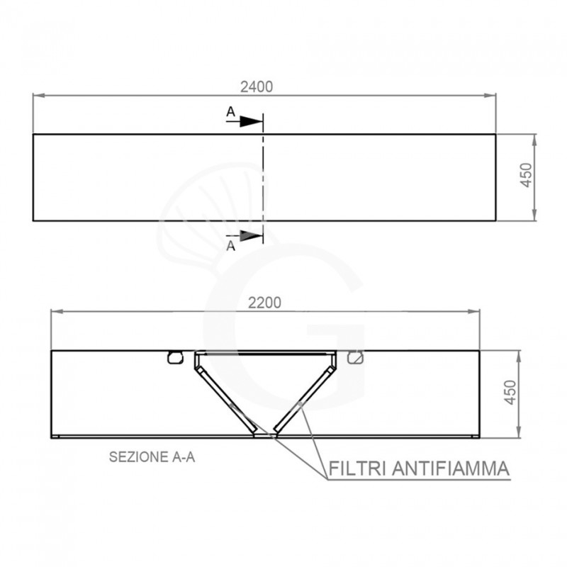 Deckenhaube ohne Motor, B 2400 mm x T 2200 mm x H 450 mm