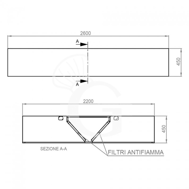Deckenhaube ohne Motor, B 2600 mm x T 2200 mm x H 450 mm