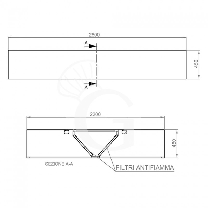 Deckenhaube ohne Motor, B 2800 mm x T 2200 mm x H 450 mm