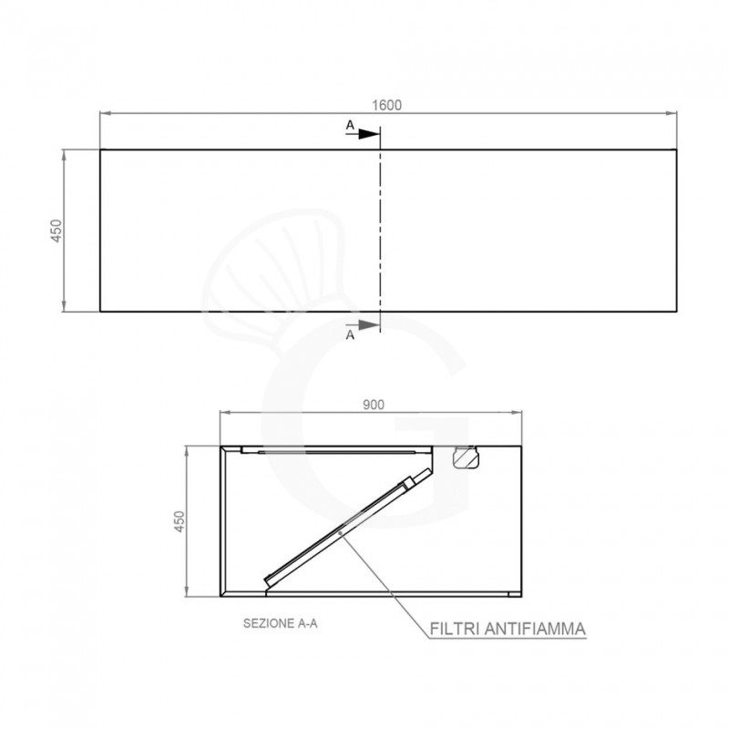 Kastenhaube ohne Motor (Wandausführung), B 1600 mm x T 900 x H 450 mm