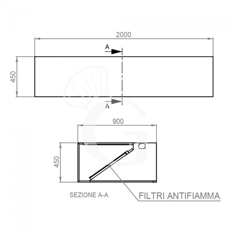 Kastenhaube ohne Motor (Wandausführung), B 2000 mm x T 900 x H 450 mm
