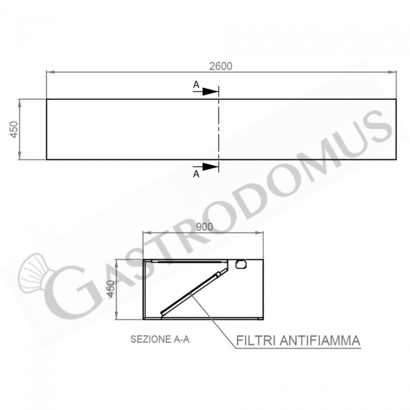 Kastenhaube ohne Motor (Wandausführung), B 2600 mm x T 900 x H 450 mm