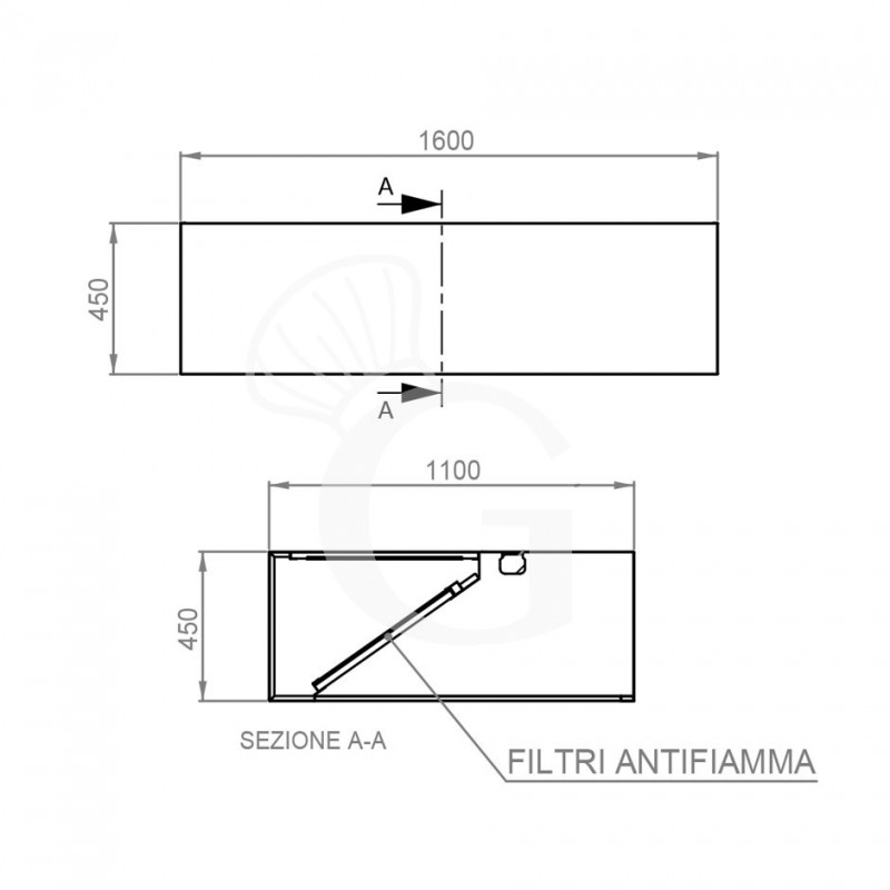 Kastenhaube ohne Motor (Wandausführung), B 1600 mm x T 1100 x H 450 mm