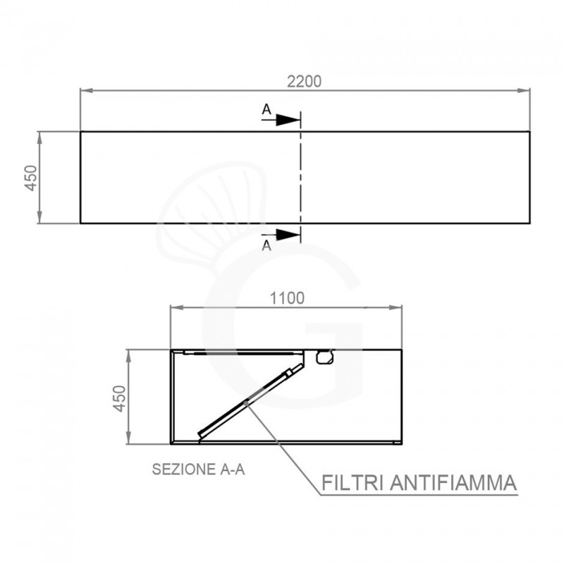 Kastenhaube ohne Motor (Wandausführung), B 2200 mm x T 1100 x H 450 mm