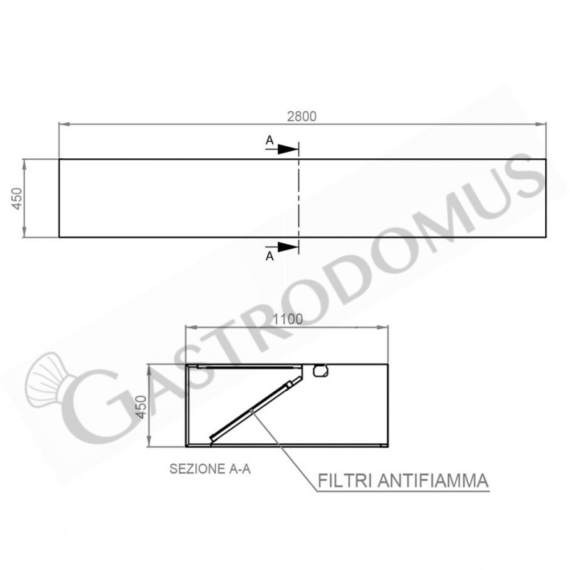 Kastenhaube ohne Motor (Wandausführung), B 2800 mm x T 1100 x H 450 mm