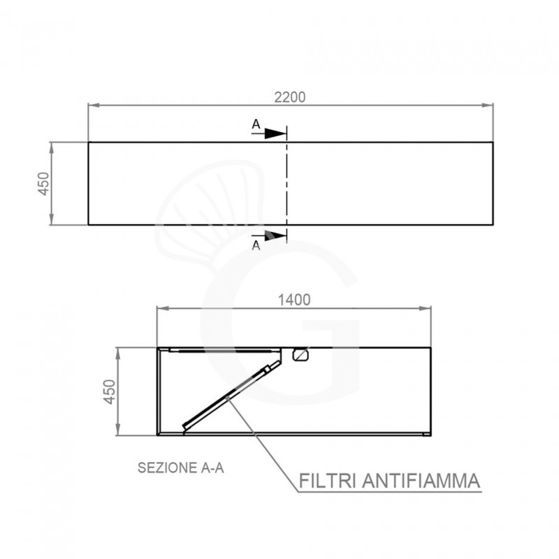 Kastenhaube ohne Motor (Wandausführung), B 2200 mm x T 1400 x H 450 mm