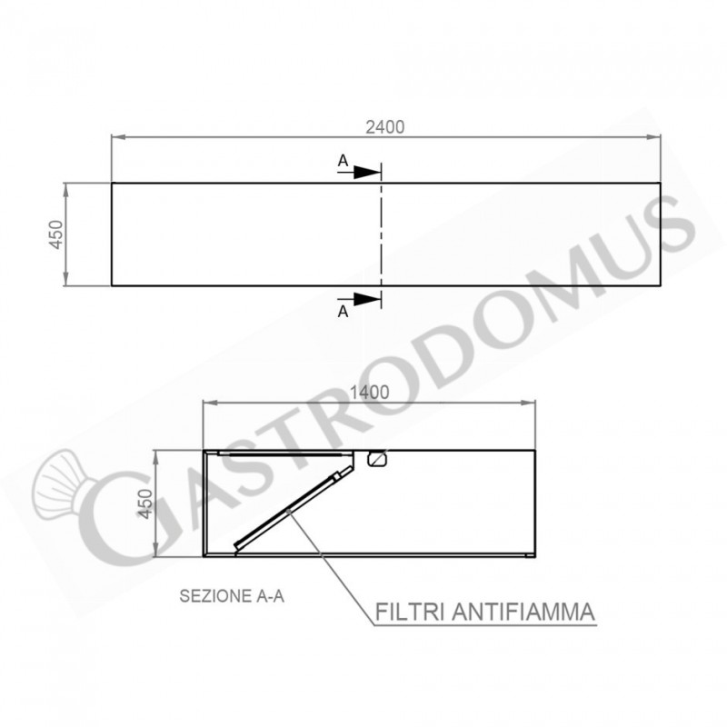 Kastenhaube ohne Motor (Wandausführung), B 2400 mm x T 1400 x H 450 mm