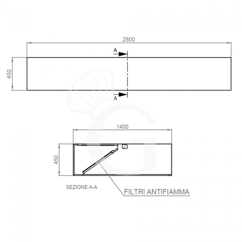 Kastenhaube ohne Motor (Wandausführung), B 2800 mm x T 1400 x H 450 mm