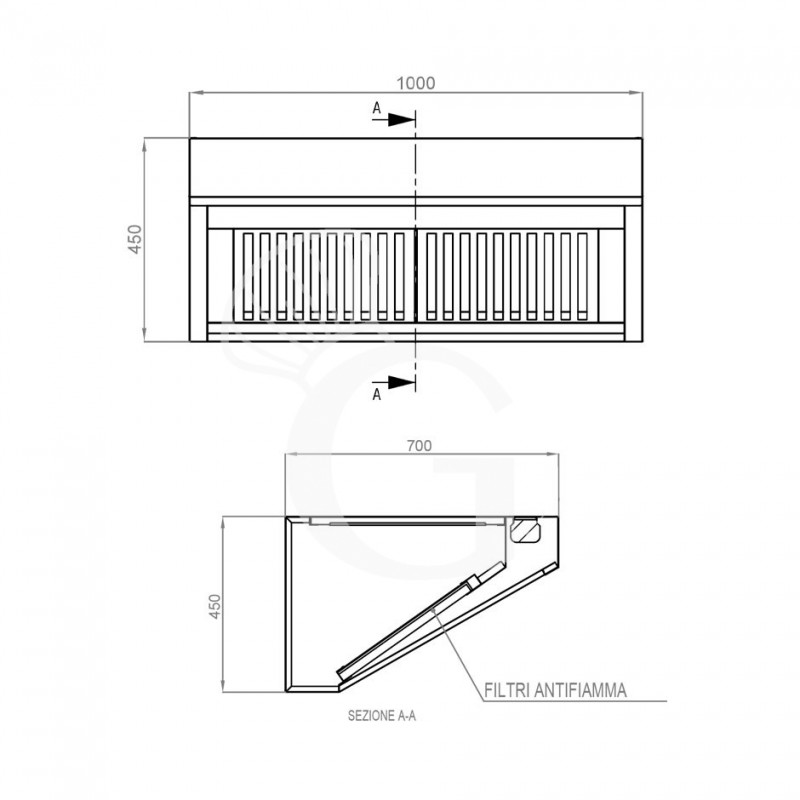 Wandhaube ohne Motor, B 1000 mm x T 700 mm x H 450 mm