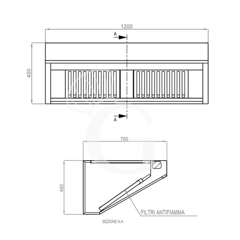 Wandhaube ohne Motor, B 1200 mm x T 700 mm x H 450 mm