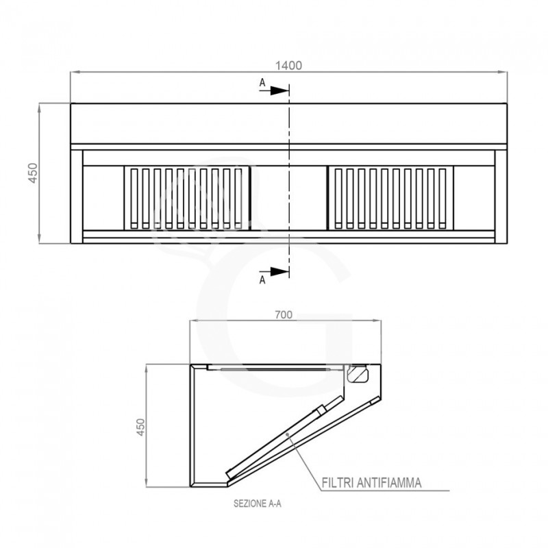 Wandhaube ohne Motor, B 1400 mm x T 700 mm x H 450 mm