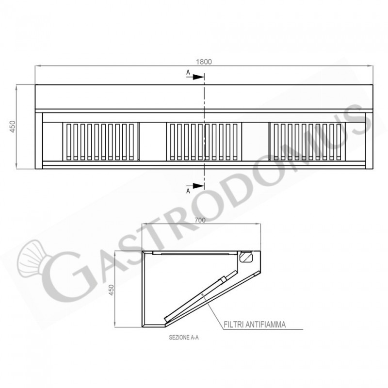 Wandhaube ohne Motor, B 1800 mm x T 700 mm x H 450 mm