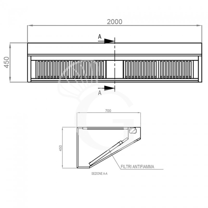 Wandhaube ohne Motor, B 2000 mm x T 700 mm x H 450 mm