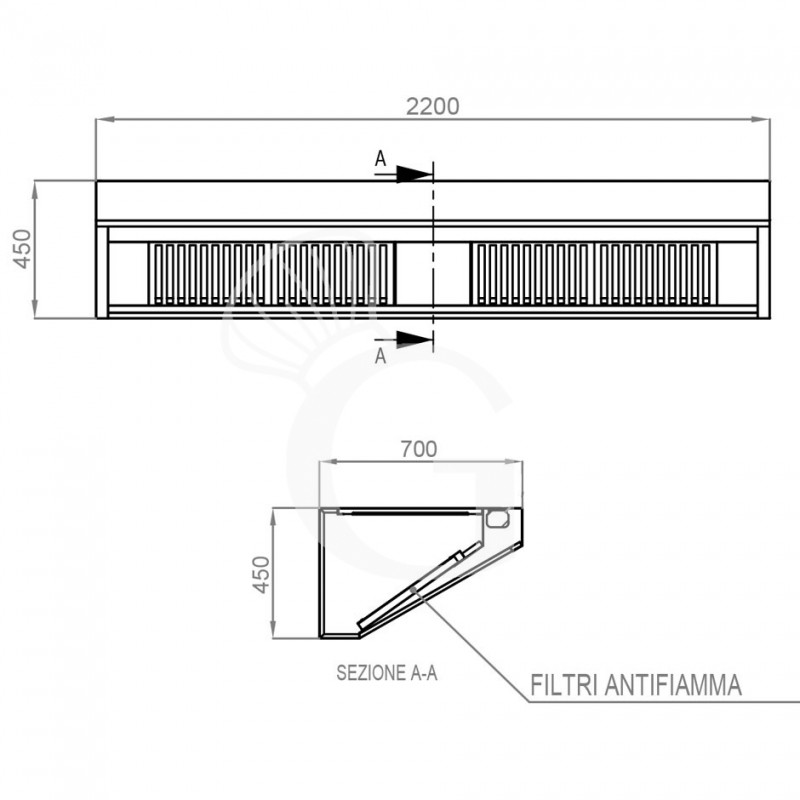 Wandhaube ohne Motor, B 2200 mm x T 700 mm x H 450 mm