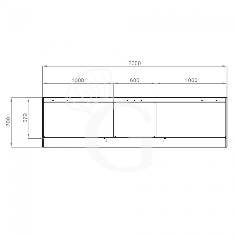 Wandhaube ohne Motor, B 2600 mm x T 700 mm x H 450 mm